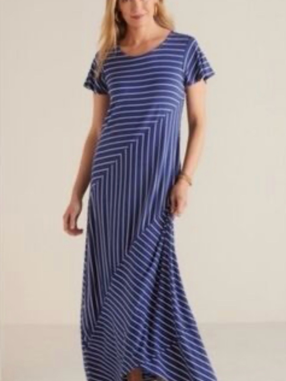 Soft Surroundings Blue and White Striped Short-Sleeve Maxi Dress, Navy nautical.